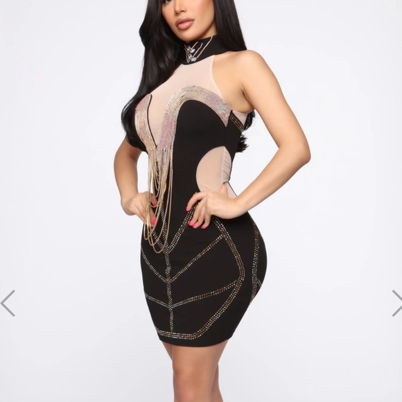 Fashionnova Rhinestone & Mesh Insert Halter Dress - Picture 2 of 6